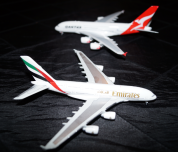 Models of the Emirates and Qantas A380s.